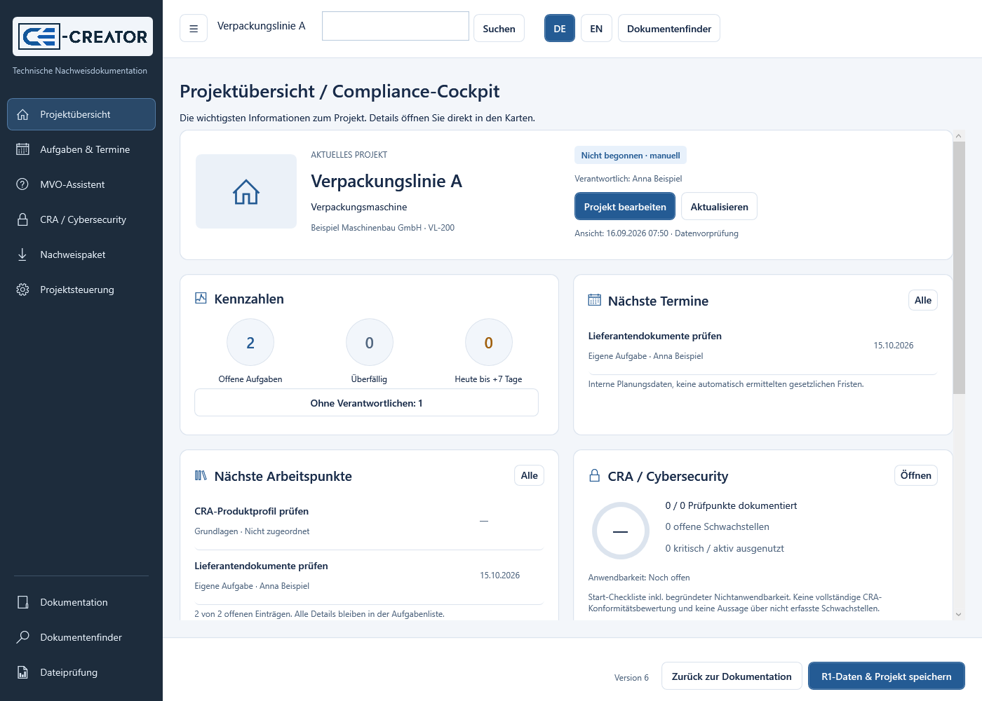 CE-Creator Version 6: Projektübersicht mit Aufgaben und Terminen für das Beispielprojekt Verpackungslinie A