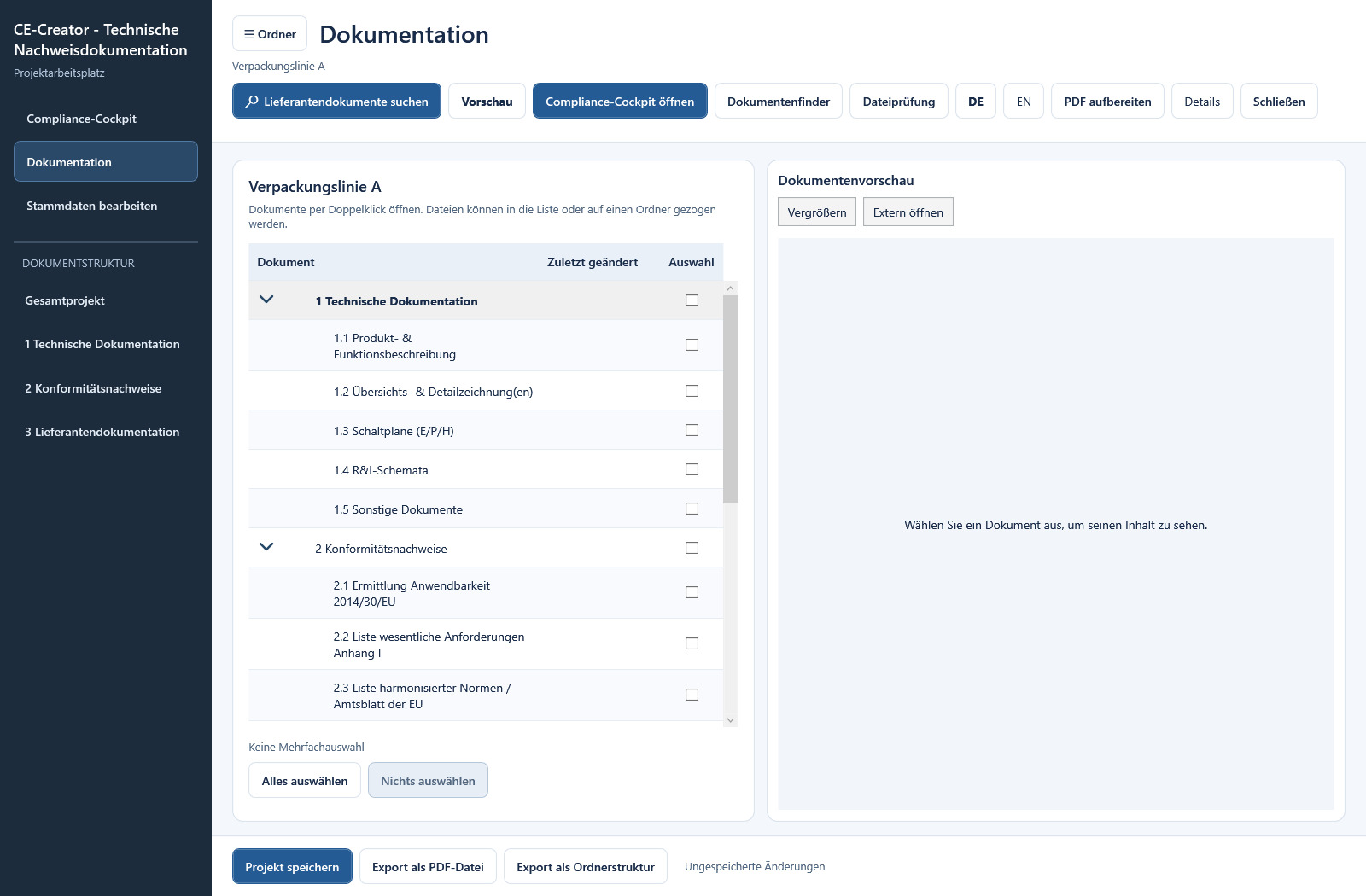 Dokumentationsansicht mit Ordnerstruktur und Dateivorschau